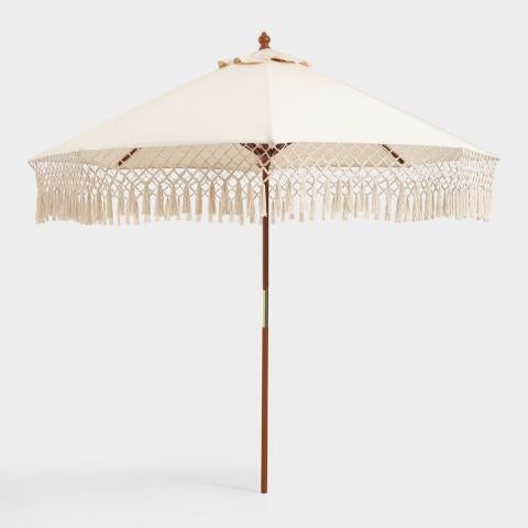 Boho Fringe Market Umbrella with base – 3 Little Birds Event Planning