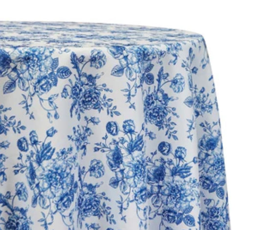 132” Round Blue French Toile Table Drape