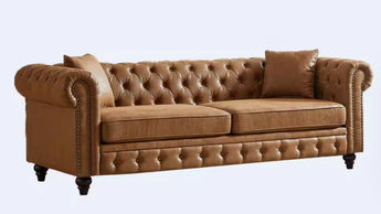85.5” Brown Wide Rolled Arm Faux Leather Sofa