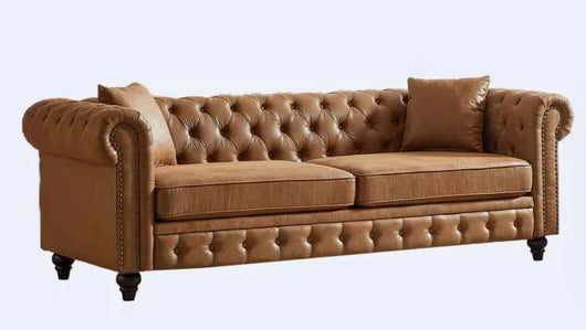 85.5” Brown Wide Rolled Arm Faux Leather Sofa
