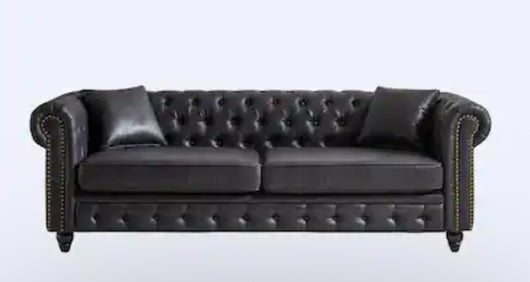 85.5” Black Wide Rolled Arm Faux Leather Sofa