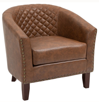 Brown Vegan Leather Barrel Accent Chair