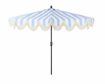 9' Scalloped Fringe Market Patio Umbrella Light Blue & White