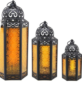 Set of 3 Amber Morrocan Lantern