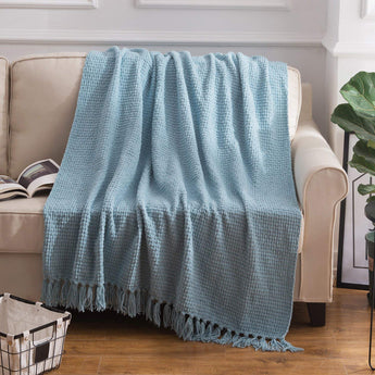 Silver Blue Woven Plaid Throw Blanket