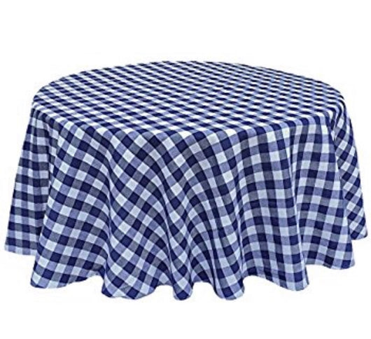 120” Blue & White Check Round Polyester Table Drape