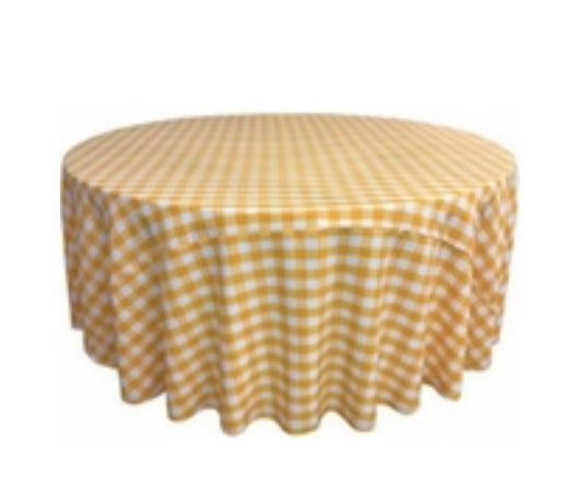 120” Yellow & White Check Round Polyester Table Drape