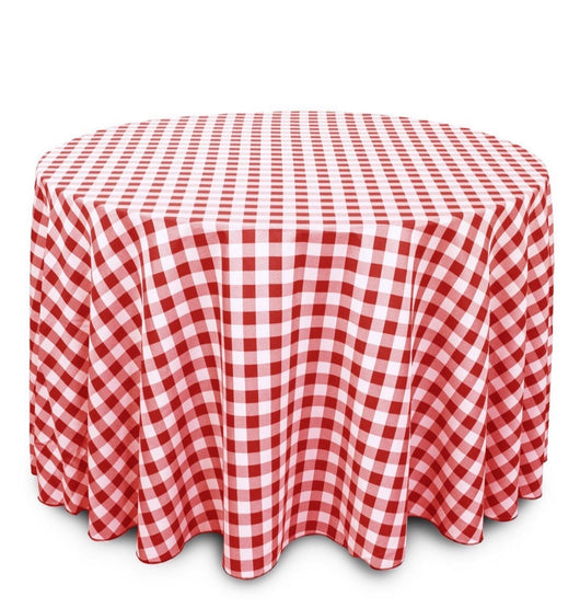 120” Red & White Check Round Polyester Table Drape