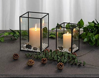 Set of 2 Black Frame and Glass Hurricane Candleholders
