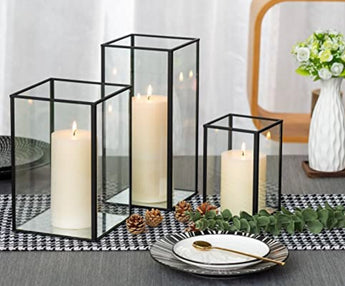 Set of 3 Black Frame and Glass Hurricane Candleholders