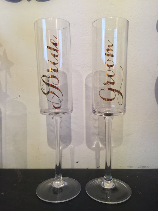 8.5” Champagne Flute with Gold “Bride” Writing
